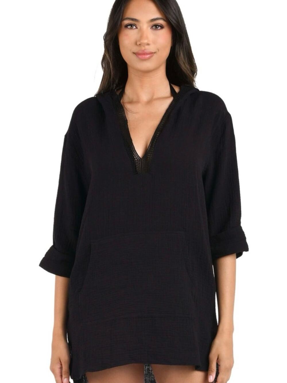 La Blanca Seaside Cover Hoodie Black Gauze Swim Cover Up Small EUC